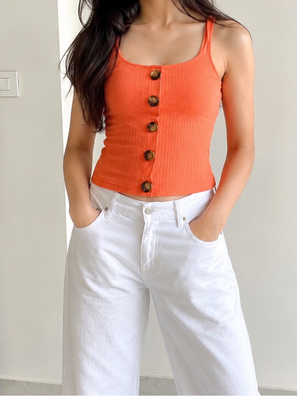 Women’s Orange Ribbed Button-Front Tank Top